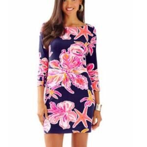 Women's Small Lilly Pulitzer Dress Pink  Navy Floral Long Sleeve Costal Preppy